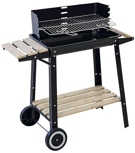 Virsus Barbecue a Carbonella in metallo, misura 53x33x85 cm, Grill portatile con 2 Ripiani in legno e griglia regolabile, Barbecue portatile con manico in legno e ruote per esterno 9754C