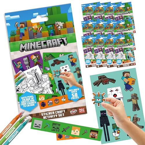 BLADEZ Minecraft Toyz Aufkleber-Set mit über 50 Aufklebern - 12 Pack - Aufkleber für Kinder - Kreativer Spaß für Kinder - Perfekt für Mitgebsel & Geschenke - Enthält Charakterkarten & Malvorlagen
