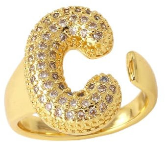AILYFIRMO Bubble-Buchstabenring, goldener Bubble-Buchstabenring, 14 Karat vergoldet, exquisiter Pavé-Buchstabenring aus Zirkonia, offener Damen-Zirkon-Buchstabenring (C)