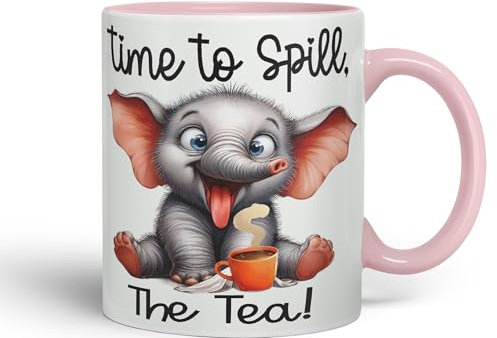 Vixar Time to Spill The Tea Elephant Joke sarkasm Sarcastic Ceramic Coloured Mug Cup for Tea Coffee Hot Brew 330ml 11Oz Gift (Pink)