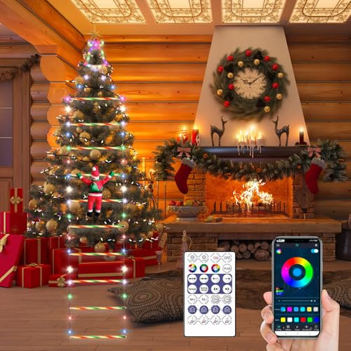 Luci per Scala Natalizia,3m Scala LED con Babbo Natale con App e Telecomando Babbo Natale su Scala con Luci LED Decorazione Natalizia con 8 Modalità Luci Scala da Babbo Natale per Natalizie Allaperto