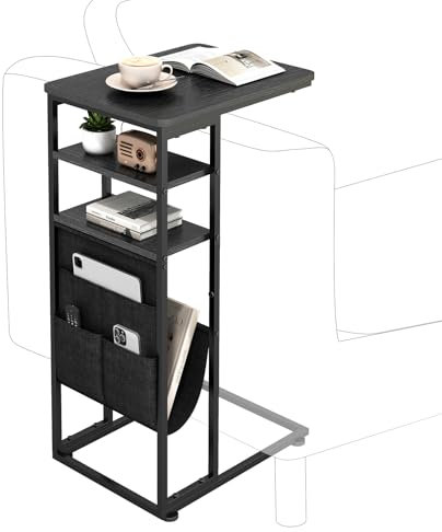 ZEXVIDA C Shaped Side Table, 3 Tier Sofa End Tables with Storage Bag, Sturdy Slide Under Sofa Slim Side Tables with Metal Frame for Small Spaces, Living Room, Bedroom, Industrial (Ink Black)