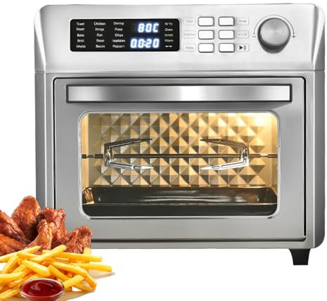 Pneterg Horno freidora de aire JDKJAG de 26 l, 10 en 1, multifunción, minifreidora eléctrica de acero inoxidable, puerta de doble cristal, cocción de 360°, 10 preajustes de cocción, freidora y horno
