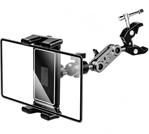 Tablet Holder Adjustable Jaw, 360° Adjustable Mount Clamp Bracket with Strong Aluminium Light Weight for Tripod Mic Stand, Kitchen, Yoga, Exercise Bike, Motorcycle, All 4.7-12.9 Phones & Tablets