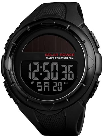 Gosasa Men's Outdoor Sports Multifunction Solar Power LED Digital Watches 50M Water Resistant (Black)