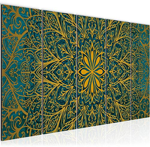 Runa Art Wandbild XXL Mandala Abstrakt Wohnzimmer Schlafzimmer 200 x 80 cm Blau Türkis Gold 5 Teilig - Made in Germany - 107455b
