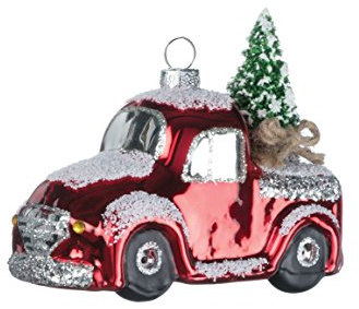 Vintage Red Truck with Christmas Tree 4 inch Snowy Glass Christmas Ornament