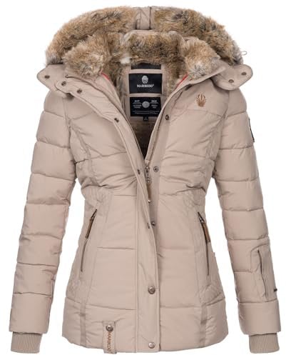 MARIKOO warme Damen Winter Jacke Winterjacke Steppjacke gefüttert Kunstfell B658 [B658-Nek-Taupe-Gr.S]