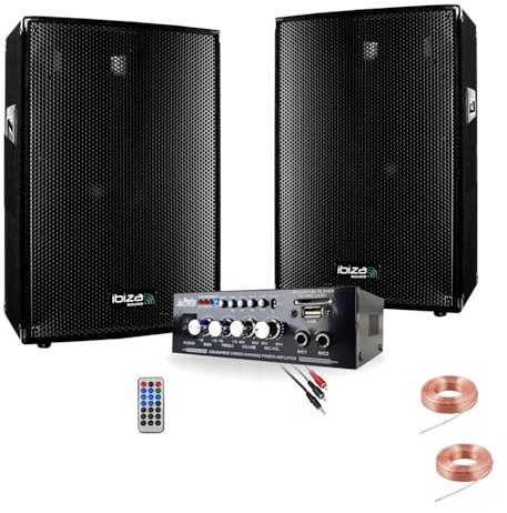 IBIZA SOUND - PACK SONO 600W TOTAL + AMPLI + 2 ENCEINTES 300W PA DJ SONO MIX LED LIGHT SOIRÉE FAMILIALE BAR CLUB MAISON DANSE