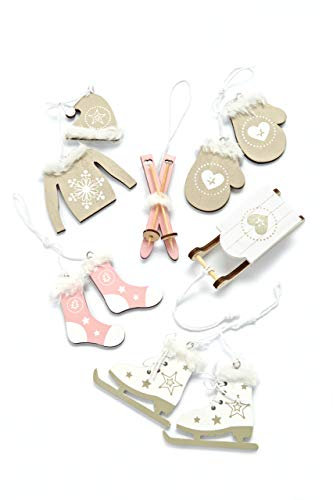 HEITMANN DECO Christbaum-Schmuck - Behang Set aus Holz - 6-teilig - Baumbehang in Natur/Rosa/Weiß - Weihnachtsdekoration, 7-10cm
