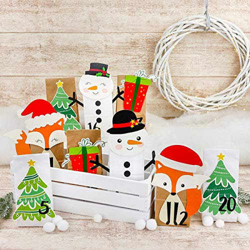 Papierdrachen DIY Adventskalender 2024 zum Befüllen - ausgestanzter Winterwald - mit 24 weißen und braunen Papiertüten - zum selbst Befüllen und zum Basteln - Weihnachten für Kinder