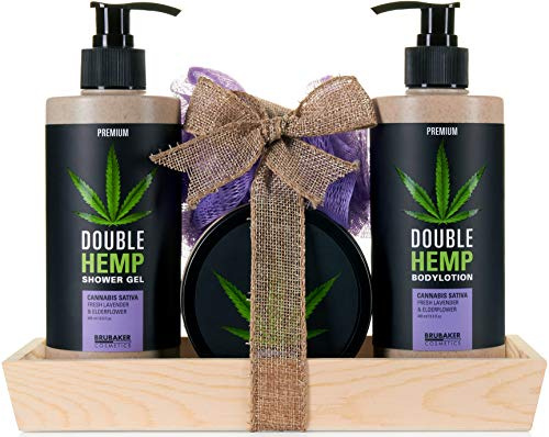 BRUBAKER Cosmetics Hanföl Dusch- und Pflege Set frischer Lavendel & Holunderblüten mit Deko Tablett aus Holz - Black Edition