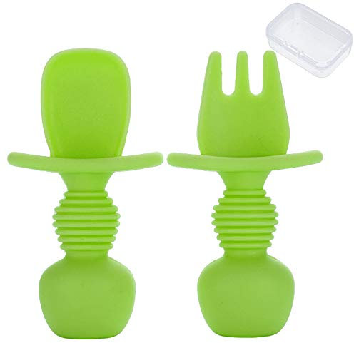 Cuillère Bébé Fourchette Silicone, ZoneYan Fourchette Set Silicone Cuillère Bébé, Cuillère Fourchette Courte Bébé, Couverts Bébé Ergonomique, Enfants Cuillère Fourchette Silicone (Vert)