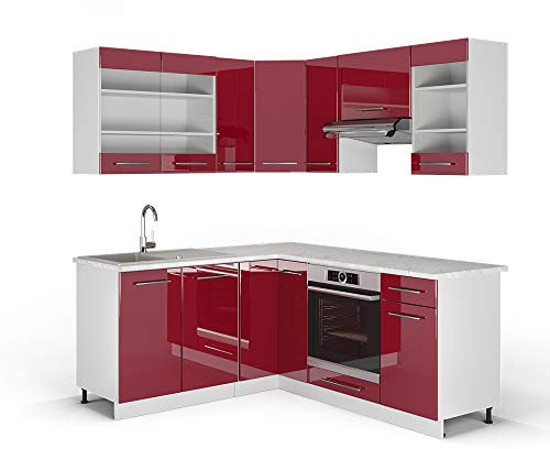 Vicco Cocina esquinera Fame-Line, Burdeos Brillo Intenso/Blanco, 160 x 190 cm sin encimera