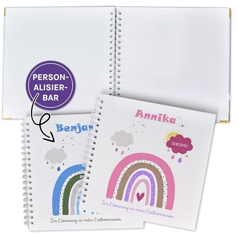 Personalisierbares Gästebuch zur Erstkommunion, Konfirmation, Firmung oder Jugendweihe, blanko mit Namen und Datum personalisiertes Erinnerungsalbum, Erinnerungsbuch Kommunion, Regenbogen
