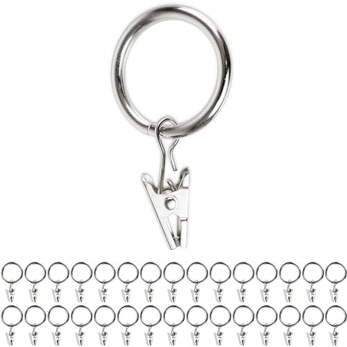 Gardinenklemmen mit Ringen, 30 Pack, in Silber-Farben, Ø 25 mm innen, Gardinenringe für bis Ø 24 mm Dicke Gardinenstangen, Vorhang Ringe Klammer Haken, Gardinen Klemmen Aufziehringe, Curtain Rings