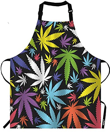 Moslion Bunte Marihuana-Blatt-Schürze,Marihuana-Weed-Blätter auf schwarzem Hintergrund,Schürze mit verstellbarem Hals,Latzschürze für Männer und Frauen,geeignet für Küche,Kochen,Kellnerin,Kochschürze