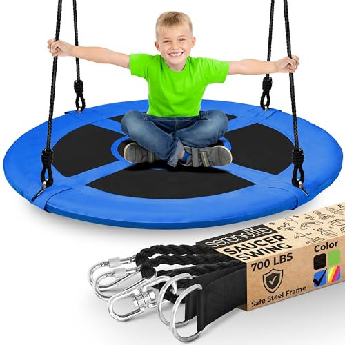 SereneLife Outdoor Spinner-Tellerschaukel – Runde hängende Baumschaukel mit Seilgurten, gepolstertem Metallrahmen und Sitz aus Polyestergewebe, für Kinder und Erwachsene geeignet