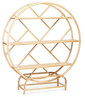 Desser Large Natural Rattan Bookcase Etagere – Sturdy Handmade Freestanding Bookshelf with 3 Shelves – Indoor Cane Circular Shelving Unit – W150cm x H168cm x D41cm