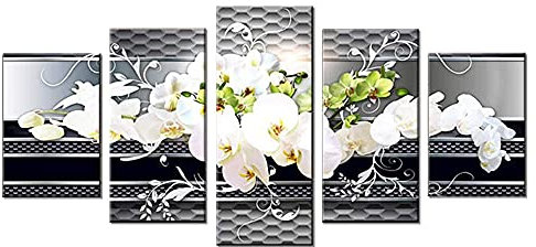 5 Pièces Décoration Murale Toile Art Pour Salon Photo Papillon Orchidée Fleurs Noir Blanc Impressions Abstraites Moderne Maison Chambre,Avec Cadre