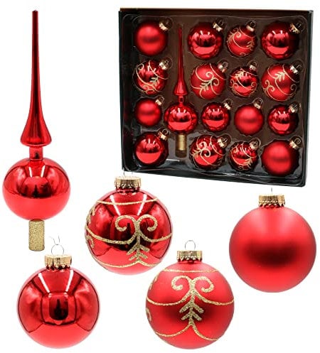 Dekohelden24 Lauschaer Christbaumschmuck - 16er Set Kugeln inkl. 1 Baumspitze aus Glas, handdekoriert, rot matt und glänzend, 6,7 und 8 cm, mit goldenem Krönchen.