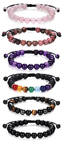 JeweBella 6Stück Natürliche Edelstein Armbänder Damen Herren Perlen Armbänder 7 Chakren Lavastein Armbänder Rose Quartz Amethyst Tigerauge Obsidian Dreifach-Armband Paare Stretch Armbänder Schmuck