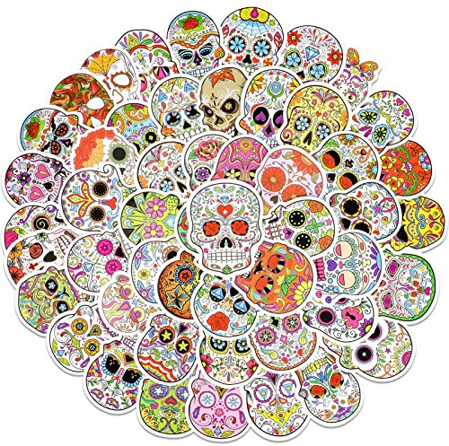 Qpout 50 Pezzi Adesivi Teschio di Zucchero Adesivi Colorati Teschio di Halloween Modello Messicano Giorno dei Morti Adesivo Regali per Notebook Bottiglia d'Acqua Computer Decorazione Quotidiana