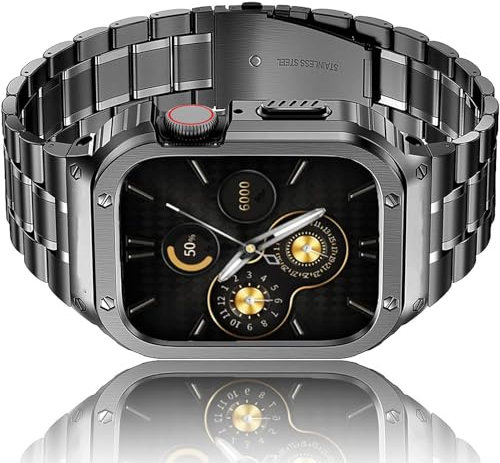 Amznew Bracelet Apple Watch en acier inoxydable avec étui Compatible avec Apple Watch Ultra 6/5/4/SE(44mm), Bracelets iWatch en métal pour hommes, Gris spatial