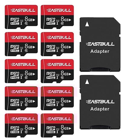 EASTBULL 8GB 10-Pack of Micro SD Cards, SD Memory Card 8GB SD Cards Pack Full HD Video 90MB/s UHS-I U1 Micro SDHC Class 10 for Surveillance Security Cam (10 Units and 2 Adapters)