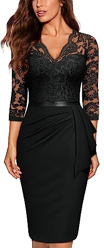MIUSOL Women's Vintage Lace V-Neck 3/4 Sleeves Cocktail Party Formal Wedding Guest Work Bodycon Dress (Large, Black)