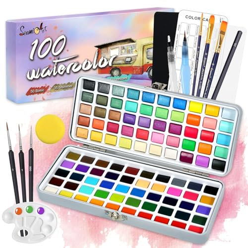 TAVADA Set de Peinture Aquarelle,Aquarelle Solide,100 Couleurs Boîte d’Aquarelle Set,Kit de peinture aquarelle,Aquarelle Peinture,Set de peinture à l'aquarelle pour Enfant, Débutants, Professionnels