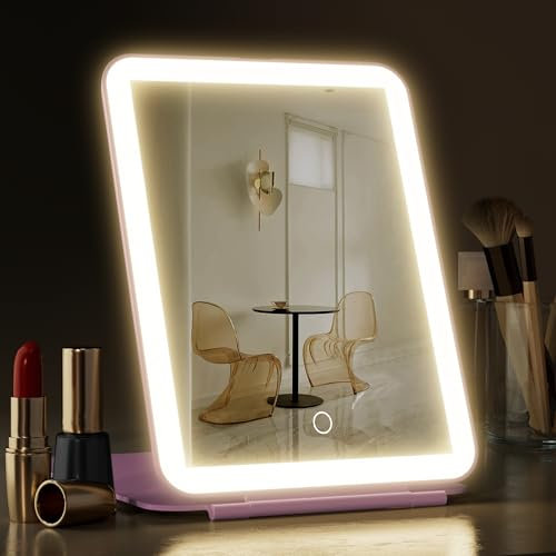 FENCHILIN Travel Mirror With Lights - Vanity Makeup Mirror Rechargeable 72 LED Light Up - Dimmable 3 Color Light Modes Touch Sensor Portable Lighted 20x15 cm