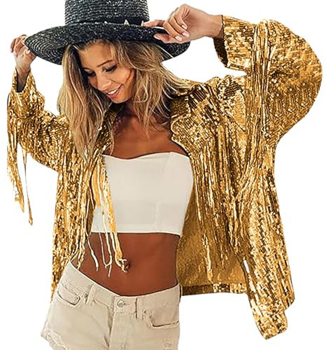 Damen Glitzer Pailletten Jacke Oberteil Silber Metallic Damen Hiphop Langarm Bomberjacke Reißverschluss Fliegenjacke Bikerjacke Outwear Bomberjacke Damen Fransen Jacke Damen(02 Gold)
