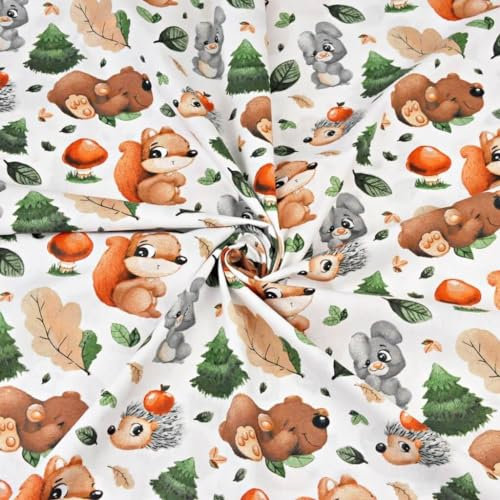 Textrend Baumwollstoff - Stoff zum Nähen - 100% Baumwolle - Textilien 1x1.6m - Stoffe Meterware – Tiere (Herbst Tiere im Wald auf einem weißen Hintergrund)
