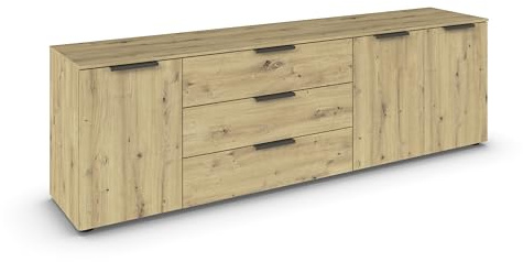 Rauch Möbel Flipp, Kommode, Farbe Eiche Artisan, Breite 199 cm | Sideboard, 3-türig, 3 Schubladen, Soft-Close-Funktion, für Schlafzimmer, Gästezimmer, Wohnzimmer, Garderobe, Flur