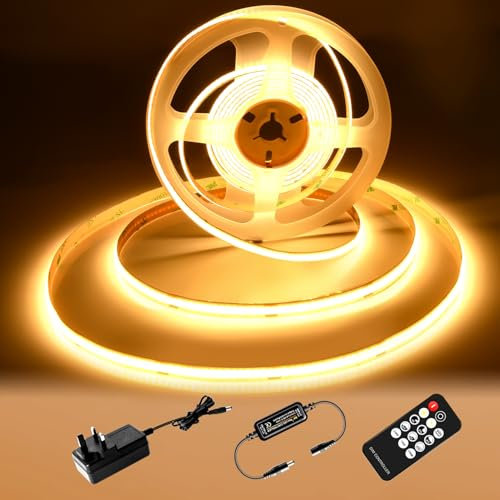 luktix COB LED Strip 5M,3000K Warm White LED Strips, 24V Dimmable LED Strip Lights, CRI92+,8mm Width, with Remote Control and UKCA Power Supply,for Home Decoration, Kitchen, Mirror