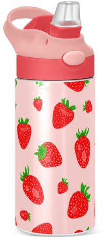 Mnsruu Pink Red Strawberries Kids Water Bottle with Straw Insulated Stainless Steel Drink Bottle for Girls School 350ml Leakproof Vacuum Hot Cold Water Flask