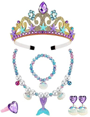 FUIPVGI Meerjungfrau Schmuck Set für Mädchen - Prinzessin Krone, Halskette, Ohrringe, Armbänder, Ringe - für Geburtstag, Party, Karneval, Rollenspiele (6 Stücke)