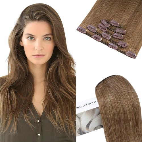 Elailite Echthaar Extensions Clip in #6 Hellbraun, 5 Tressen Remy Haarverlängerung mit 12 Clips, 35cm-60g Glattes Haarteile Natürlich Haarextension für Frauen Damen