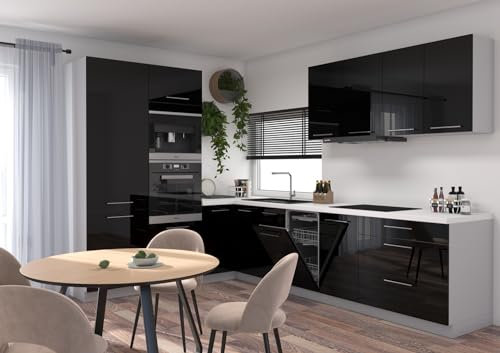 Feldmann Preiswert Wohnen L-Form Küchenzeile Essen 225x328cm grau Front schwarz Acryl Hochglanz Teilauszug