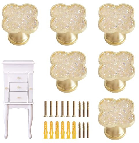 MOROBOR 6Pcs Four-Leaf Clover Knobs, Gold Cabinet Knobs Creative Bling Zinc Alloy Drawer Pulls Multifunctional Single Hole Knobs Dresser Wardrobe Door Furniture