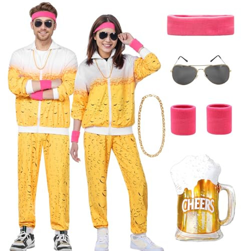 Angenster 80s Fancy Dress - Men & Women 80s/90s Shell Suit Retro Disco Outfit with Jacket, Pant, Sweatband, Glasses, Balloon Necklace - 90s Fancy Dress Costume for Carnival/Rave (Beer, S)