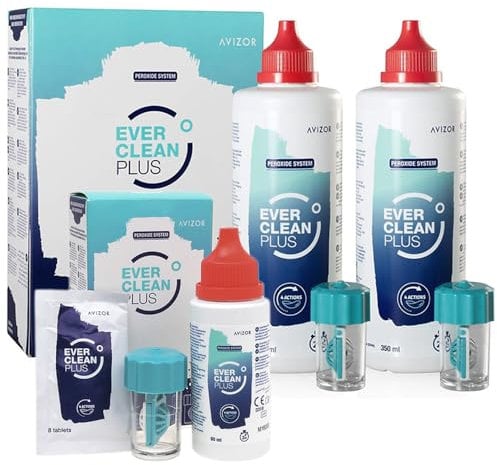 Avízor Ever Clean Plus – Contact Lens Cleaning and Disinfection Solution – Deep Lipid Deposit Removal – 2x350ml Bottle + 90 Tablets & 60ml Bottle + 8 Tablets – Travel Kit