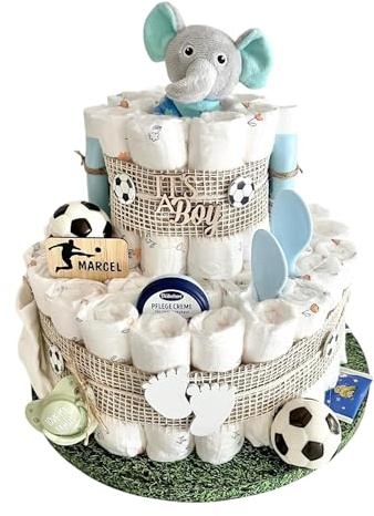 Windeltorte Fußball mit Elefant Socken Schnuller Löffel und mehr, für Jungen & Mädchen, Babytorte für Babyparty Babyshower Gender-Reveal, Namen personalisierbar, Baby Party Deko Dekoration