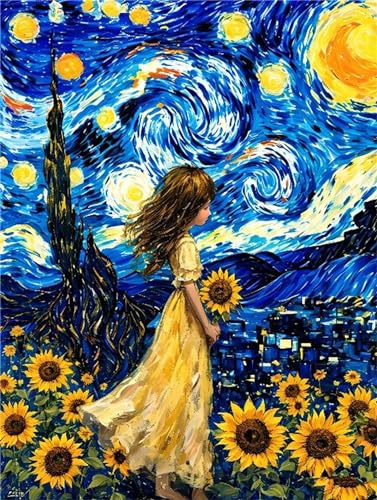 Diamond Painting Girasoles Van Gogh Pintura Diamante Adultos, 5D Diamond Painting Kit Completo, Punto de Cruz Cuadros de Diamantes, DIY Puzzle Diamantes Bordados, Decoración del Hogar 30x40cm P-214