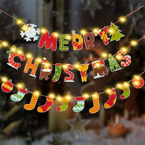 SUNBEAUTY 3 Stück Merry Christmas Girlande mit Lichter Girlanden Weihnachten Deko Hängende Weihnachten Girlande Banner Weihnachtsbaum Santa Elch und Socke Schneemann Banner für Weihnachten