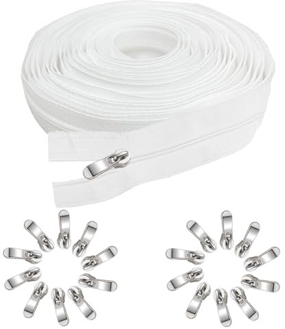 KAHOUI Endlosreißverschluss Mit Zipper Weiß, Reißverschluss Für Bettwäsche, 10 m Reissverschluss 5mm Breit, 20 Endstück, Geeignet Für Näharbeiten an Leinen Taschen, Kleidung