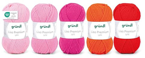 Gründl Wolle Lisa Premium uni - Garn zum Stricken - Strickgarn - Häkelgarn - Weich und hautfreundlich - 100% Polyacryl 5 Knäuel 50 g / 133 m - Nadelstärke 3,5-4,5 - Rosa-Pink-Orange-Rot