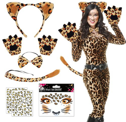 8 Stück Leoparden Ohren Leopard Kostüm Kostüm Leopard Leoparden Halloween Gesichtstattoo Stirnband Leopardenschwanz Fliege Handschuhe(Ausgenommen Kleidung) Geeignet für Halloween Maskerade Karneval