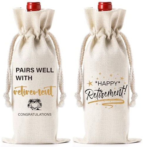 Retirement Gifts for Women Men - Happy Retirement Wine Gift Bag, Reusable Burlap Drawstrings Bottle Bags for Wine, Going Away Farewell Goodbye Gifts Leaving Gifts for Colleagues Best Friend Employees